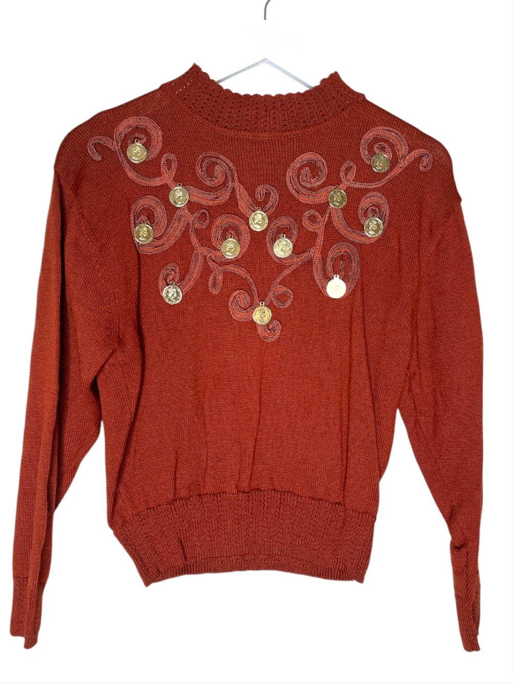 LIBERAL Vintage Japanese Preppy Wool Rust Brown Coin Scroll Sweater M-L
